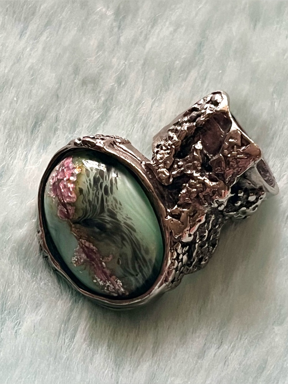 YSL arty ring silvertone green pink stone 5